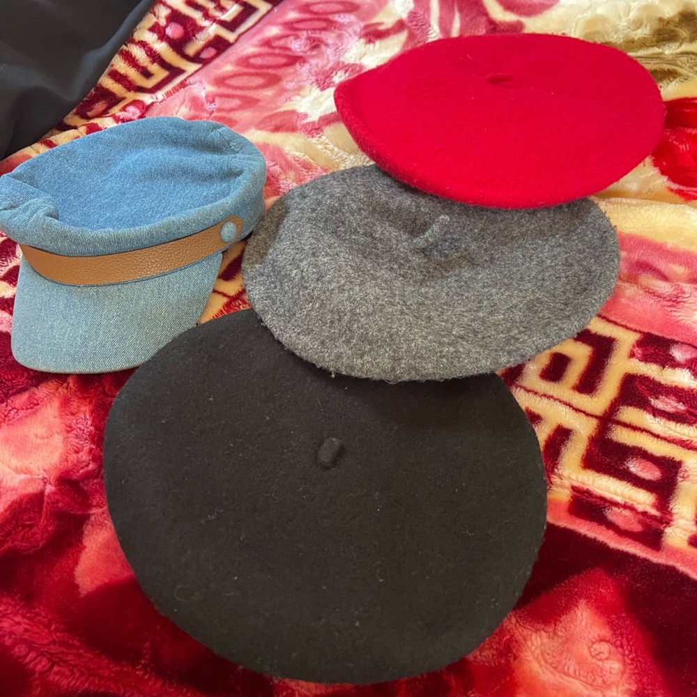 Stylish Beret and Cap Set in Red, Gray, Black, and Blue